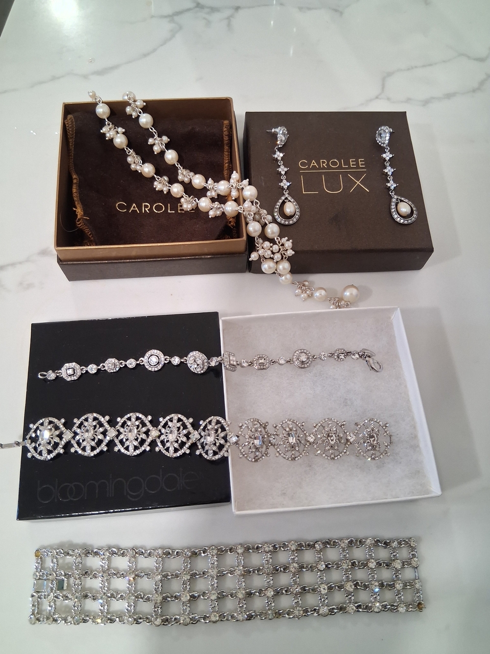 Carolee Silver-Tone Crystal & White Pearl Bracelet, Necklace, Earrings Set